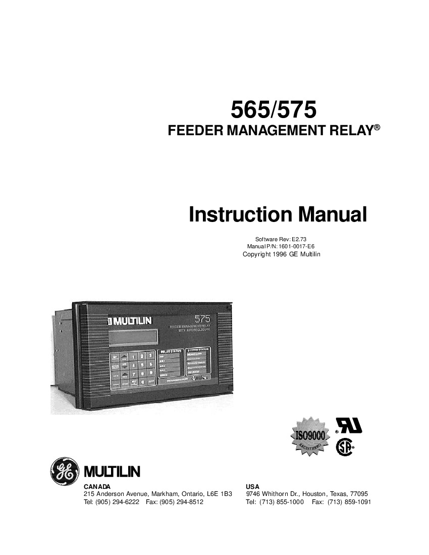 First Page Image of 565-5-5-O-A-E GE 1601-0017 E2.73 565-575 Feeder Management Relay.pdf